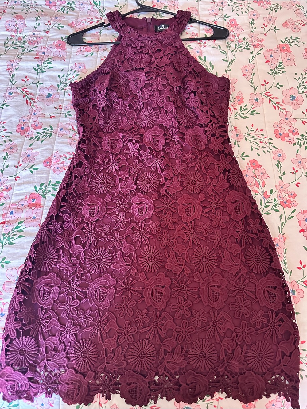 Lulu's Plum Floral Lace Halter Mini Dress